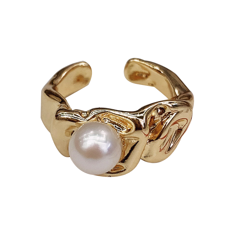 14k包金铜镀真金不规则网红敲打面戒指淡水珍珠空托戒指diy配件女详情3