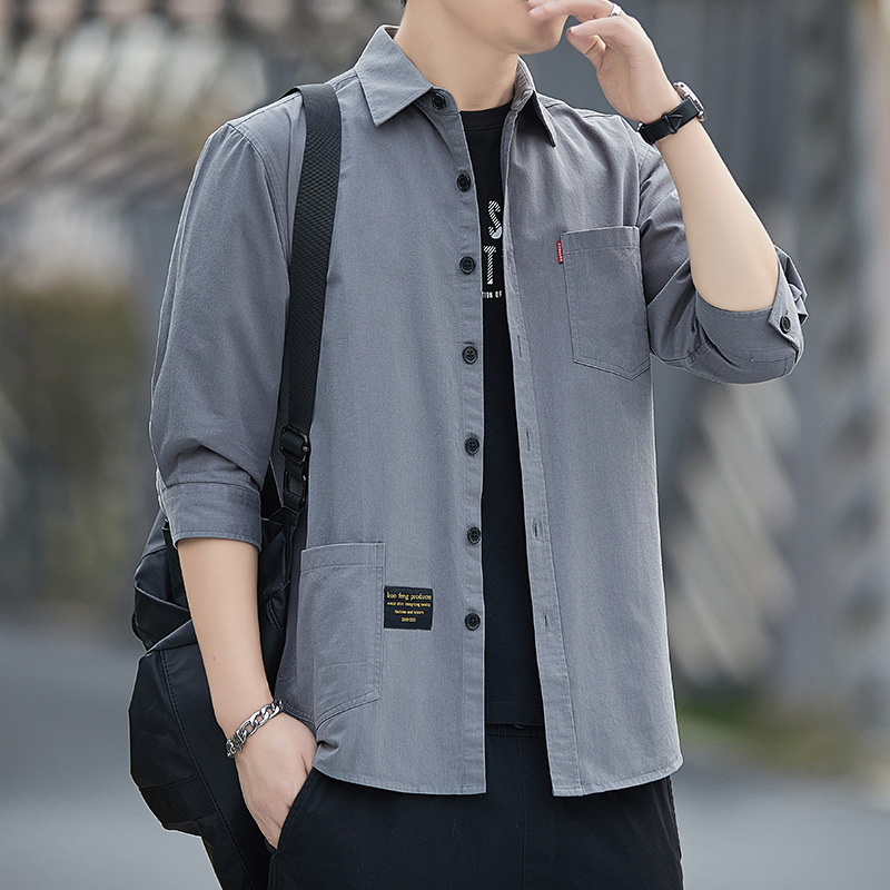  春季港风纯色工装衬衫男士七分袖帅气外套时尚休闲衬衣详情8