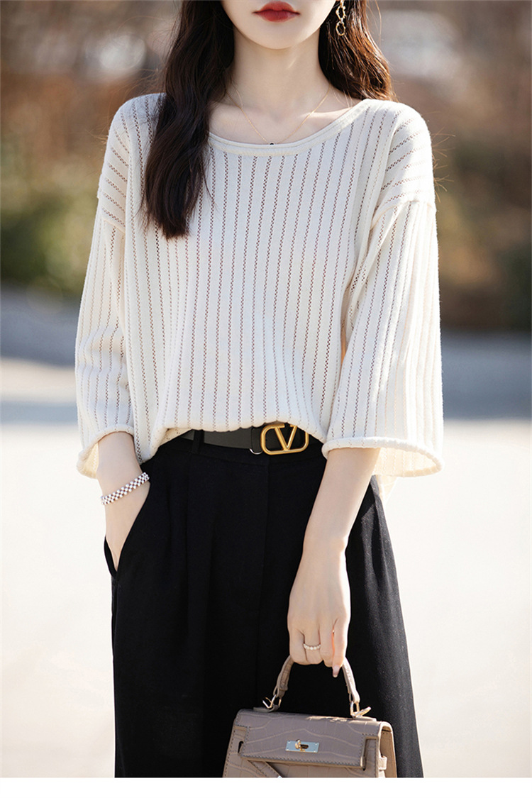 七分袖中袖夏女装纯棉镂空针织套头T恤清凉针织衫宽松版套头大码详情23