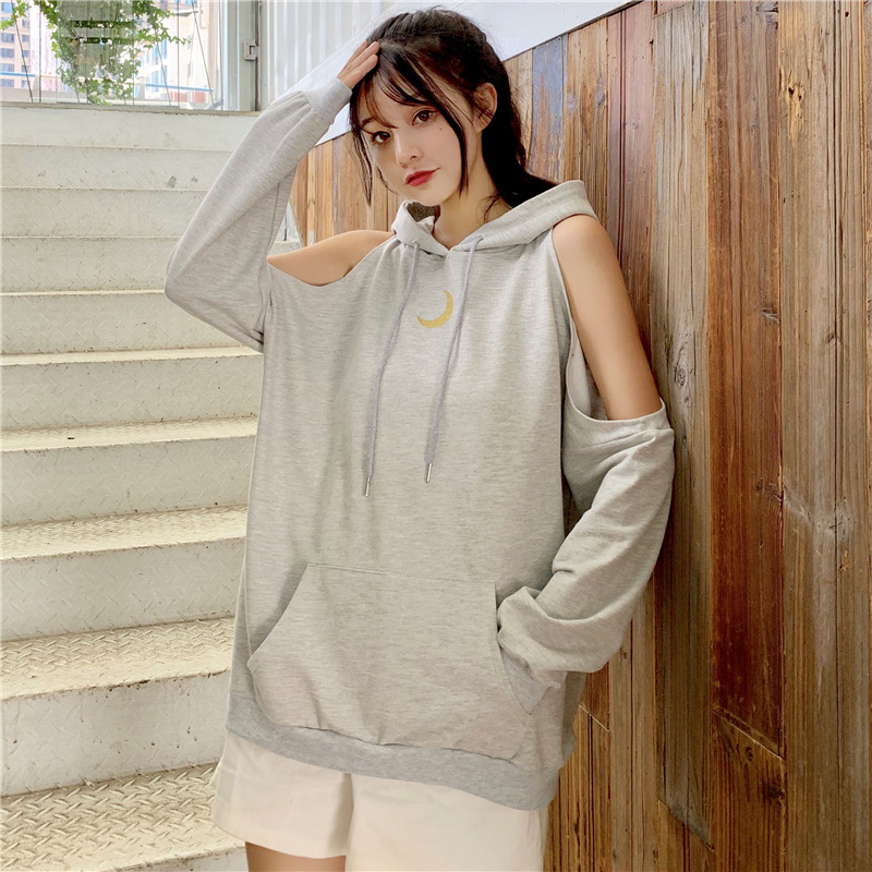 Autumn long off-the-shoulder vetiver hoodie for women, a new, laid-back and stylish loose hooded jacket pic 3