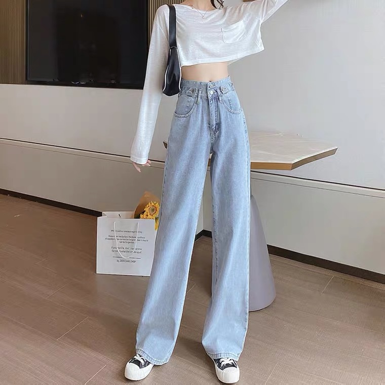 2022 Summer new style denim long pants for women, Korean high-waisted, slimming, floor-length wide-leg pants, wholesale from foreign trade street stalls pic 15