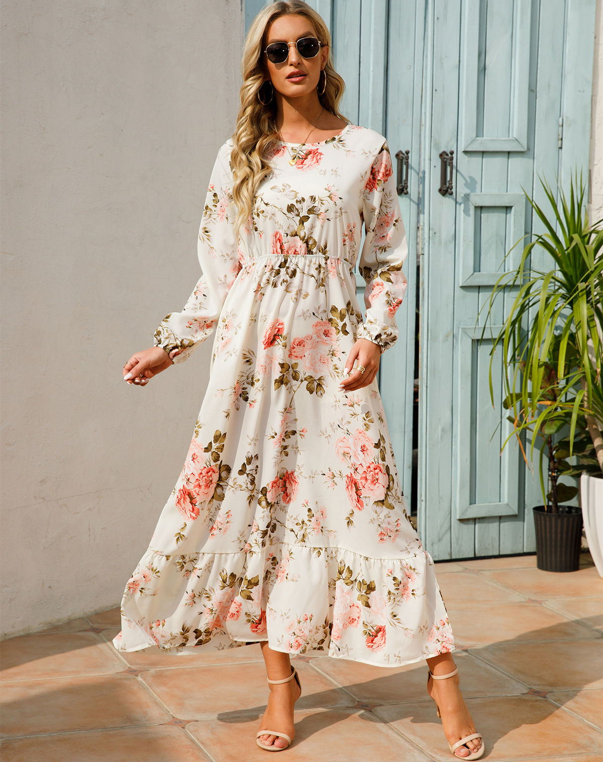 European and American floral long, round-neck, long-sleeved, waist-cinching and slimming dress pic 8