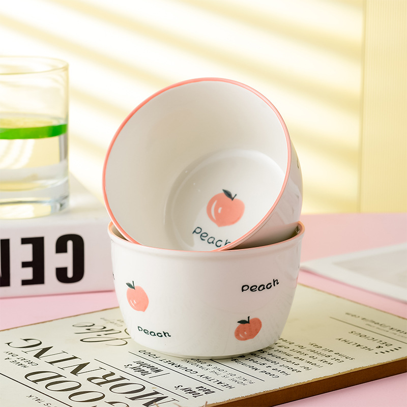 【4只装】水蜜桃陶瓷米饭碗可爱少女心家用餐具瓷碗碟碗盘釉下彩详情2