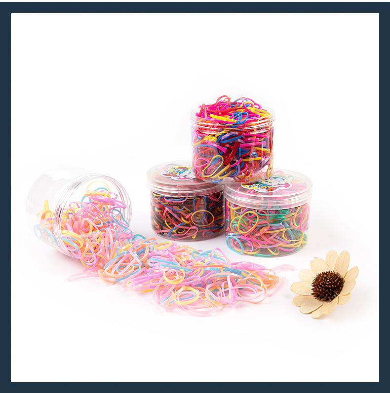 The new box-packed hair tie features a large black round bottle with colorful high-elasticity hair bands that can be pulled unbreakable. It is a disposable small rubber band for children pic 6