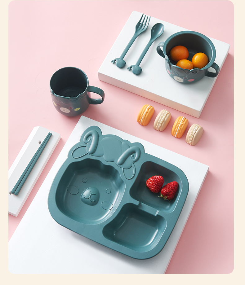 创意卡通碗勺叉杯子五件套儿童餐具竹纤维儿童分格餐盘餐具套装详情12