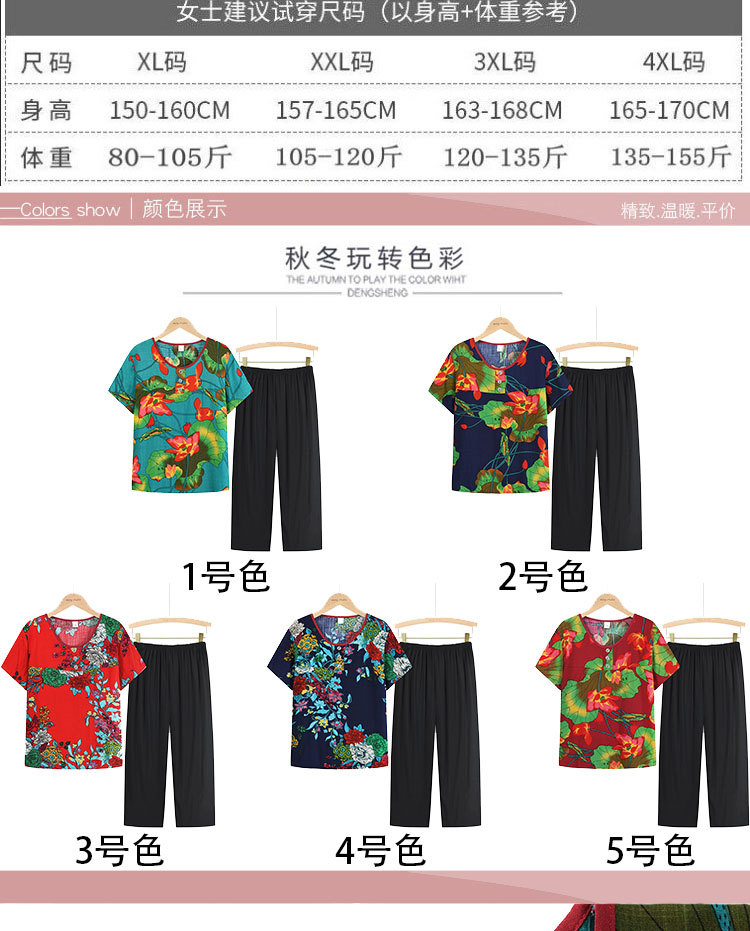 Two-piece summer suit for middle-aged and elderly women, summer set for mothers, new short-sleeved T-shirt top for 50-60 years old pic 2