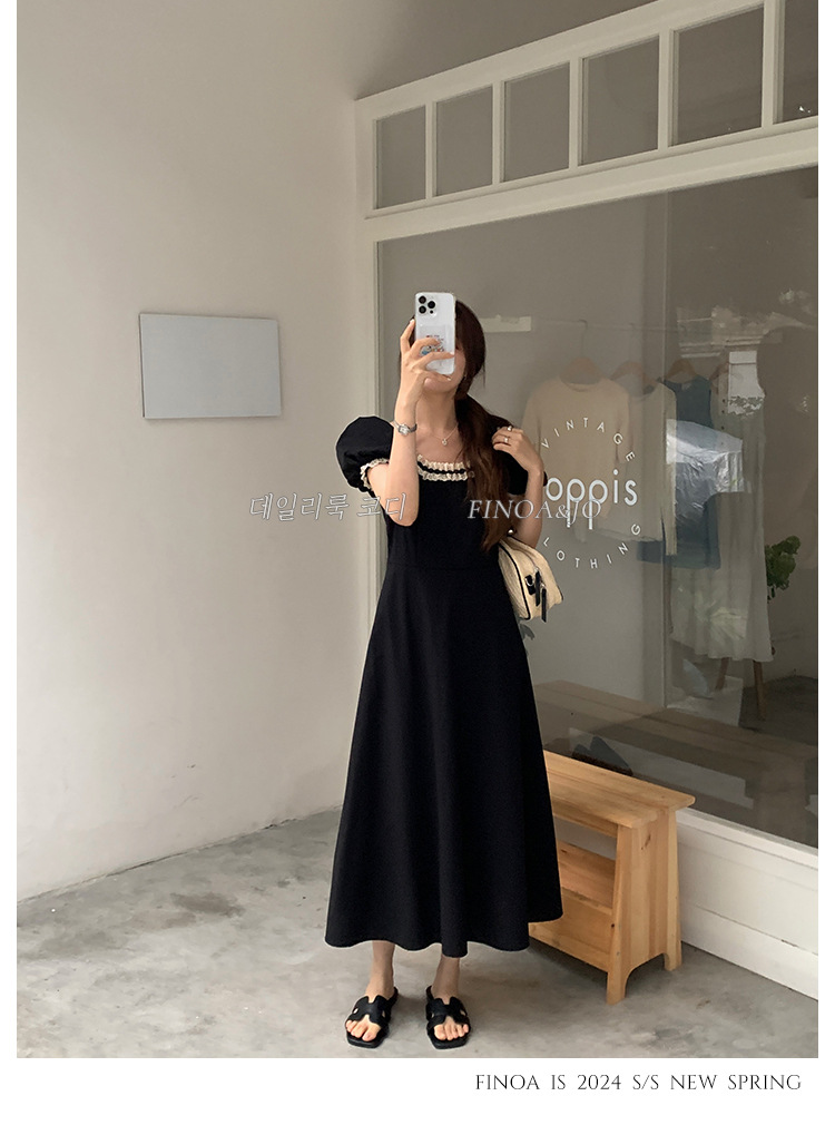 费挪 OLIVE十三行春夏新品法式优雅气质黑色蕾丝花边连衣裙2166详情16