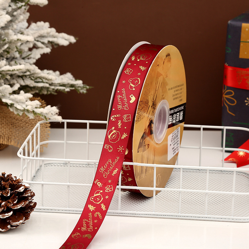 Dingxin Christmas ribbons are in stock and available for wholesale. 2.5CM gold-embossed printed Christmas gift packaging bow polyester ribbons pic 15