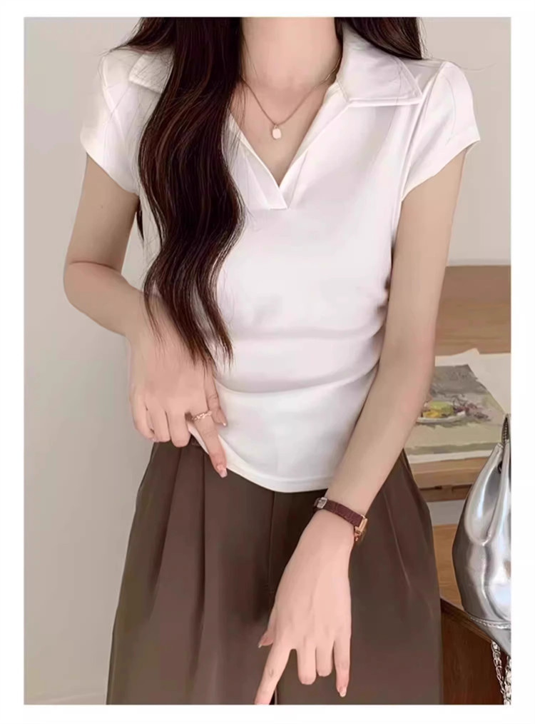 polo collar slimming and form-fitting shoulder T-shirt for women, short sleeve, pure and hot girl, short design with a cinched waist, top for summer pic 24