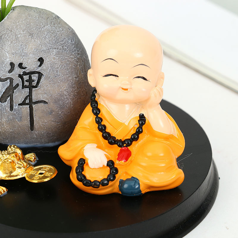 汽车小摆件禅意古风荷叶仿真绿植铜钱草佛珠小和尚车载中控台装饰详情7