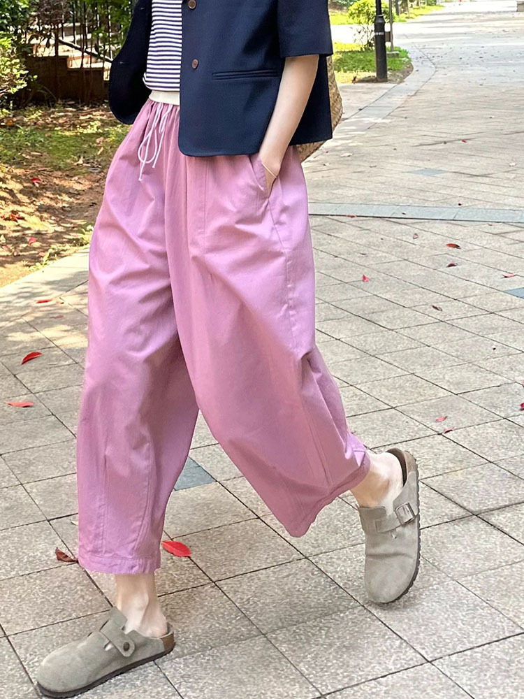 很少见这么好看！玫粉色日系休闲宽松气球裤松紧腰休闲裤女阔腿裤详情1