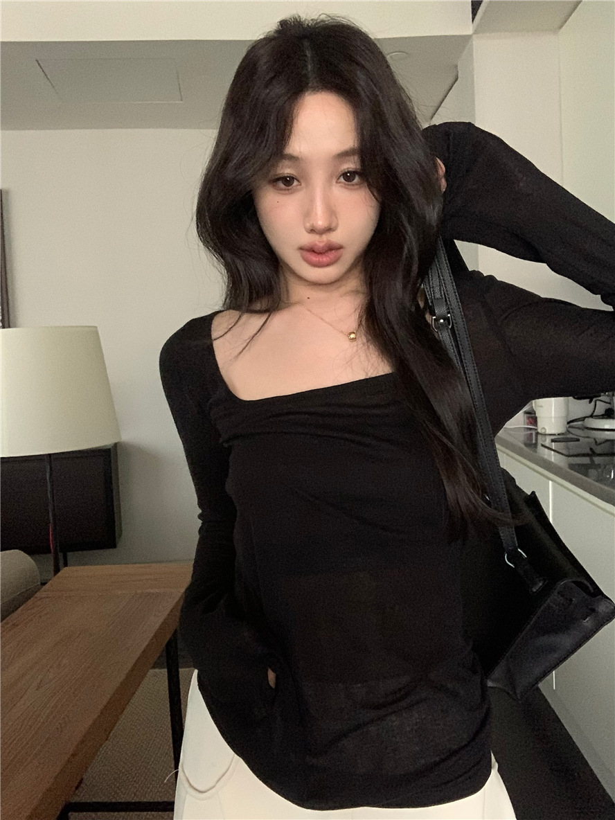 基础款纯色简约百搭舒适慵懒风薄款上衣U领打底衫内搭长袖t恤女详情25