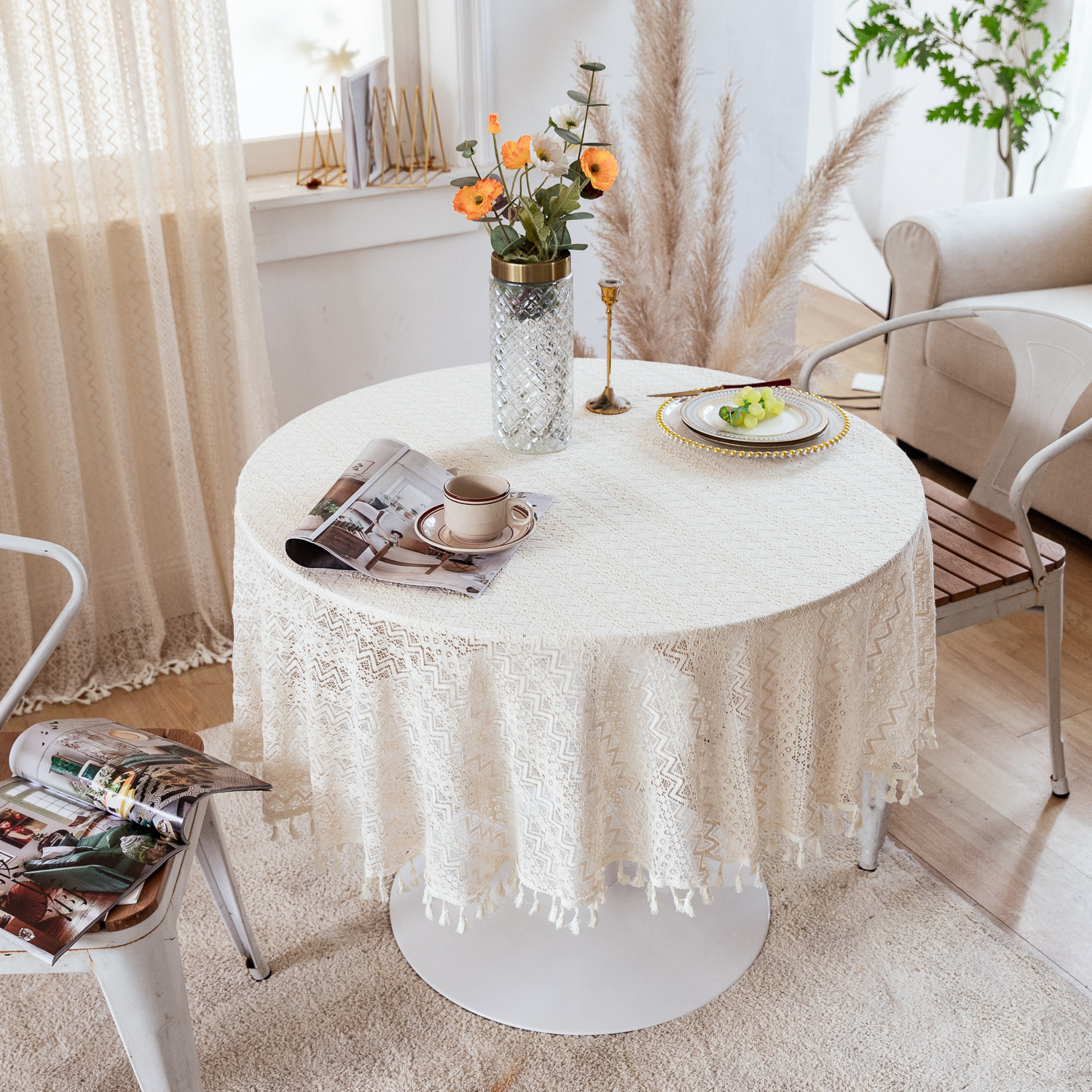 National trend retro hollowed-out lace cover fabric, ins style rectangular white country tablecloth, round table and small round tablecloth pic 23