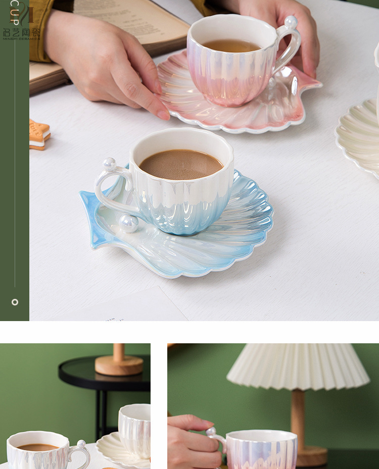 Gradient pearl shell ceramic coffee cup, girlish home breakfast cup, niche European-style ceramic cups and plates with high appearance standards pic 21