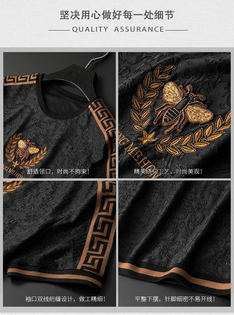 Ligera moda de lujo pequeña abeja cordón bordado con jacquard mercerizado hombre manga corta camiseta hombre verano tallas grandes media manga t pic 3