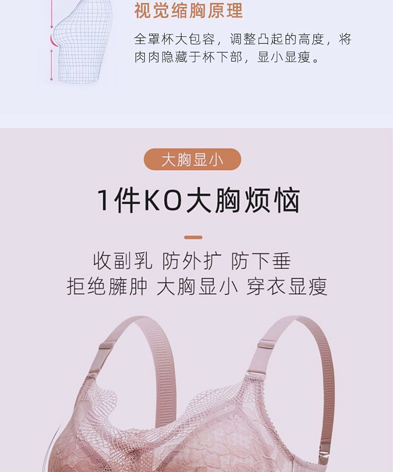 夏季超薄款内衣女提胸聚拢大胸显小蕾丝收副乳胖妹妹文胸罩详情2