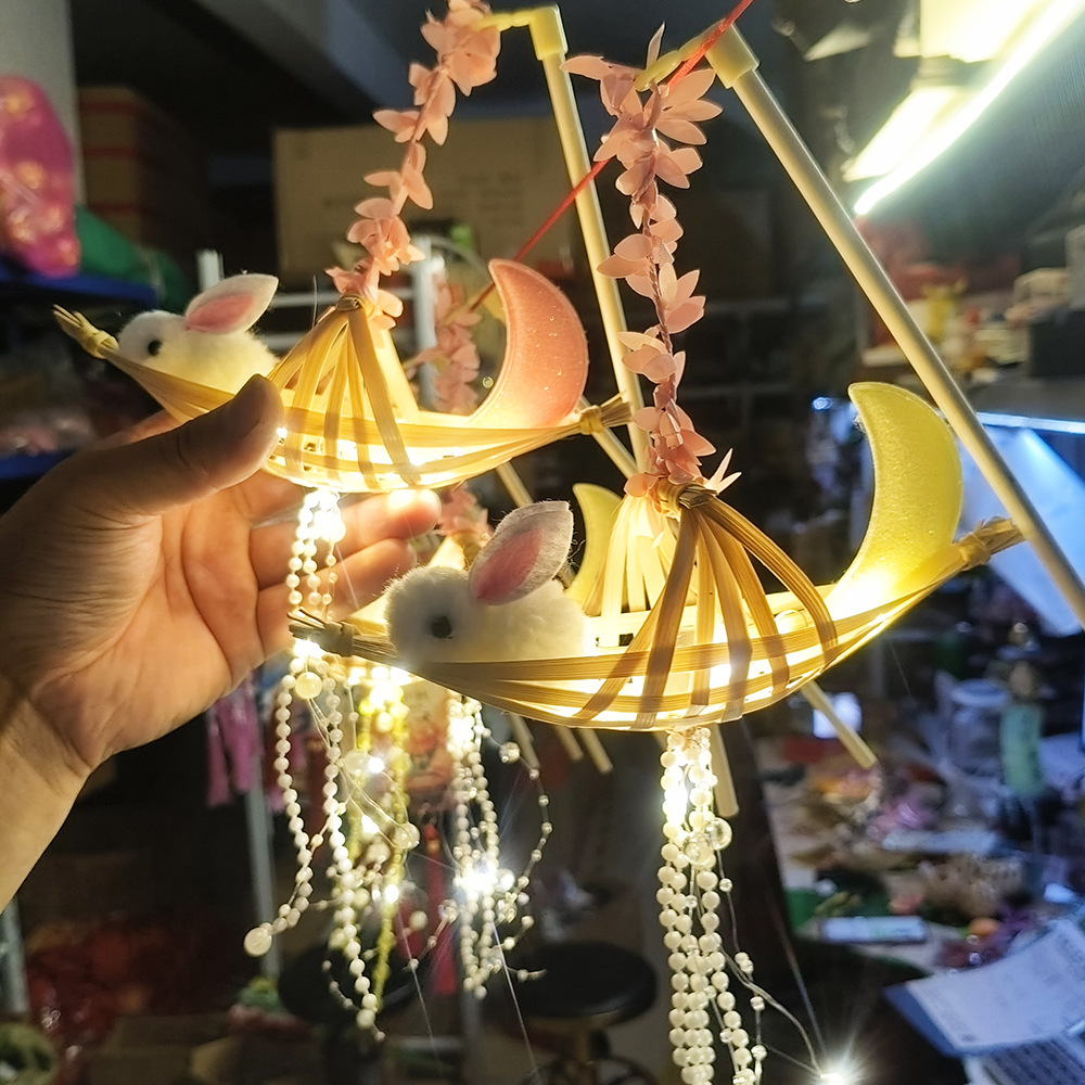 Handmade mini DIY Mid-Autumn Festival lanterns, plush rabbits, shining moon boats, hand-held stalls, bamboo woven small cage lanterns pic 7