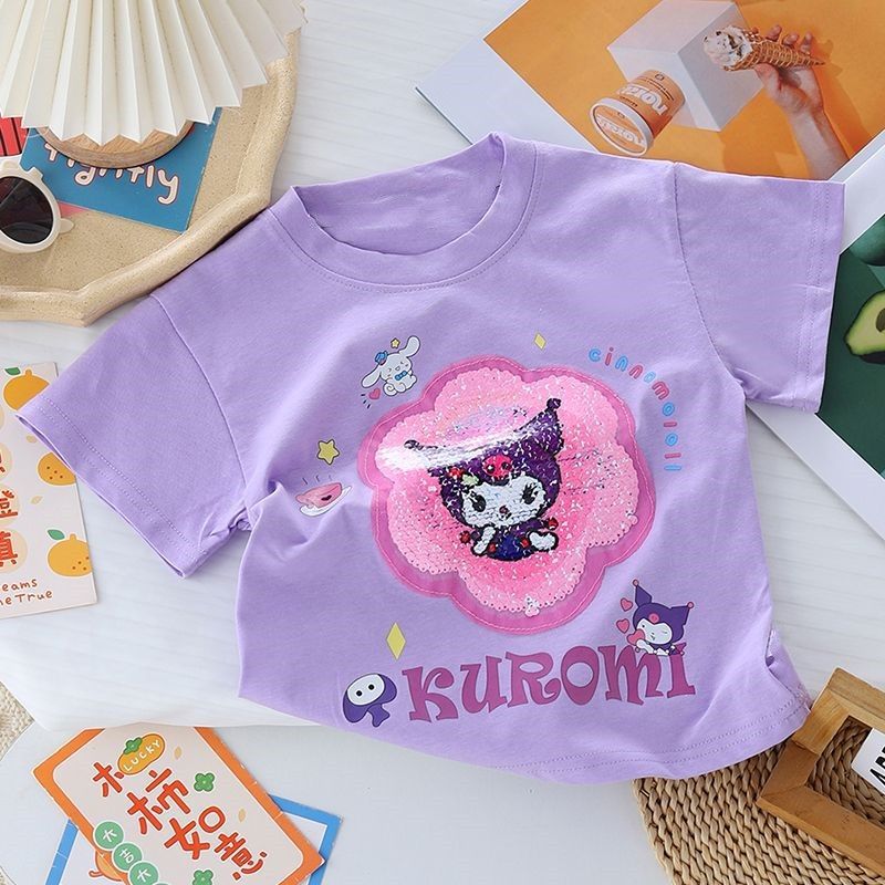 女童t恤短袖牛奶磨毛夏2024新款爆款洋气变色库洛米亮片女孩可爱详情5