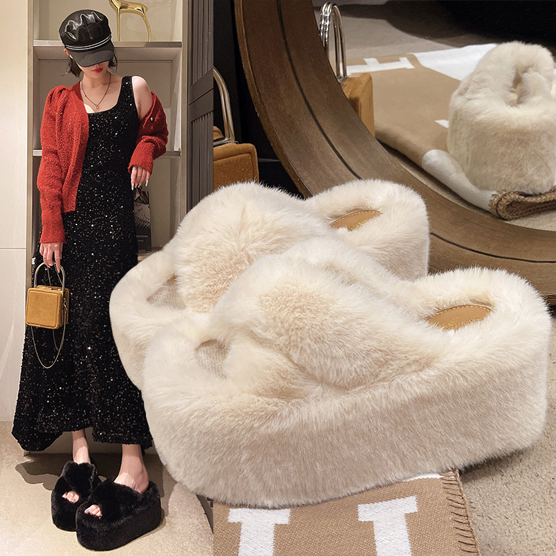 7cm厚底交叉毛毛拖鞋2024秋冬新款韩版时尚百搭保暖毛绒棉拖鞋女详情1