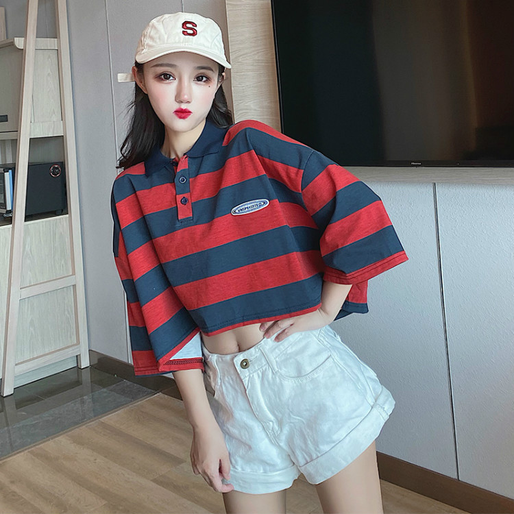 Real photos of Japanese-style retro polo shirts for women in summer, short-sleeved loose Hong Kong-style half-sleeved T-shirts, and summer tops pic 4