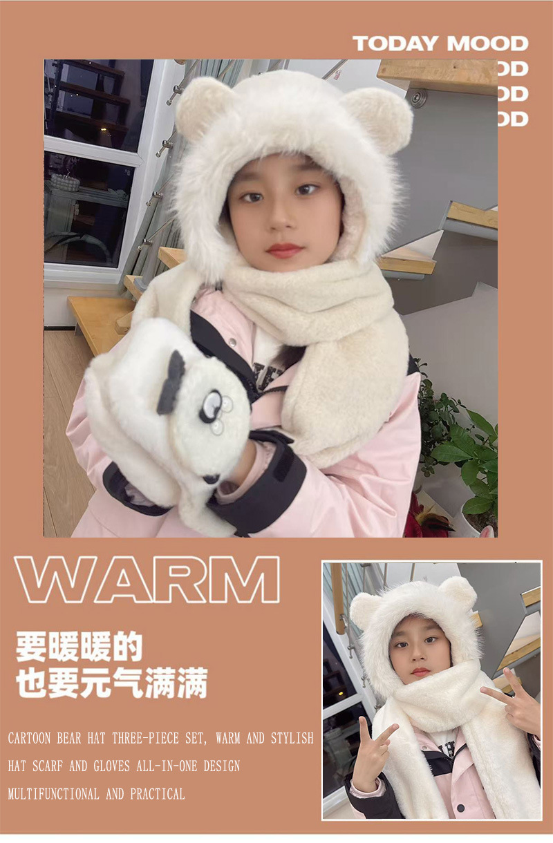 A three-piece set of cute plush hat and scarf for girls in winter 2024, a Korean-style, thickened and fleece one-piece warm hat pic 2