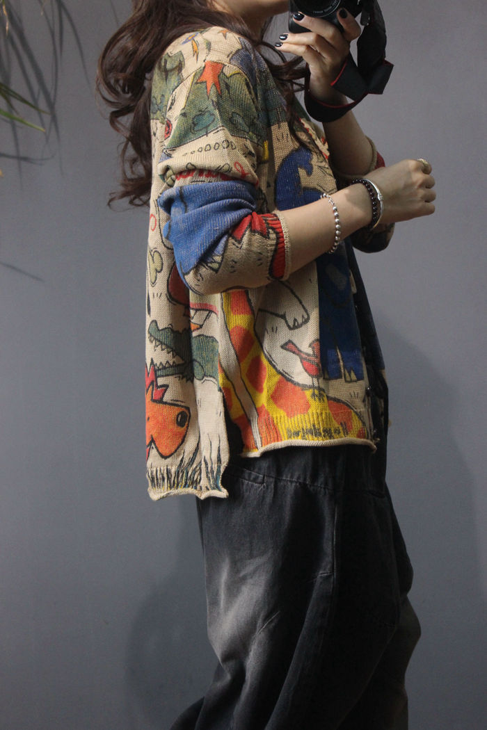 Spring 2021 new printed knitted cardigan for women, retro ethnic style, loose, large-sized, slimming long-sleeved top pic 8