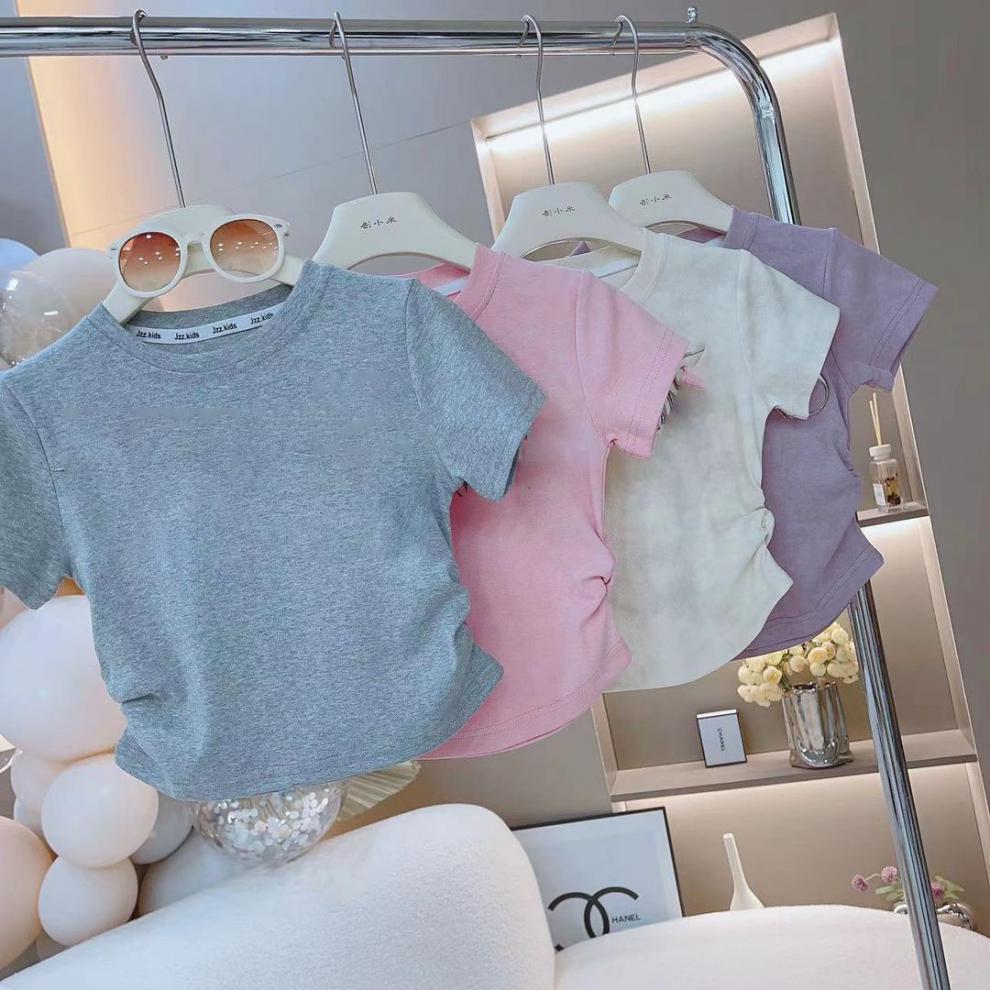 儿童短袖女2024新爆款洋气T恤空白简约百搭时尚抽绳上衣包领女童详情3