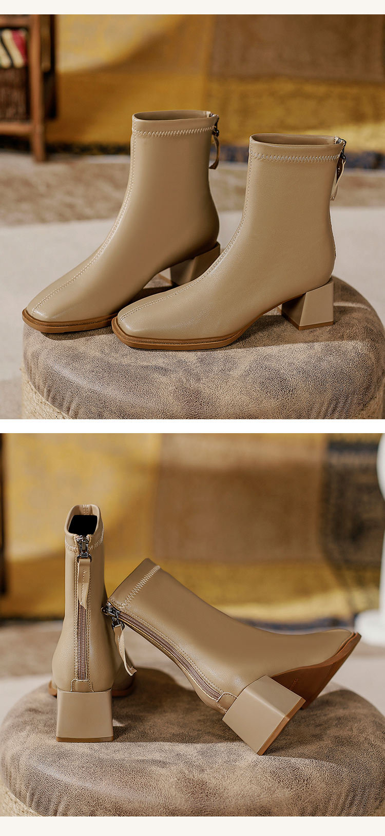 法式高跟短靴2023年新款粗跟时装靴子软皮白色春秋单靴方头瘦瘦靴详情22