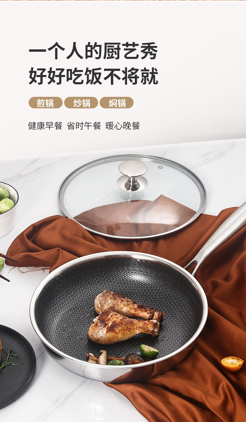 Three-layer steel, two-sided screen, steel handle, household flat-bottomed non-stick wok, stainless steel honeycomb wok, stainless steel wok, wok, ladle, frying pan, single-handle wok, kitchenware, kitchen utensils, one-piece consignment pic 12