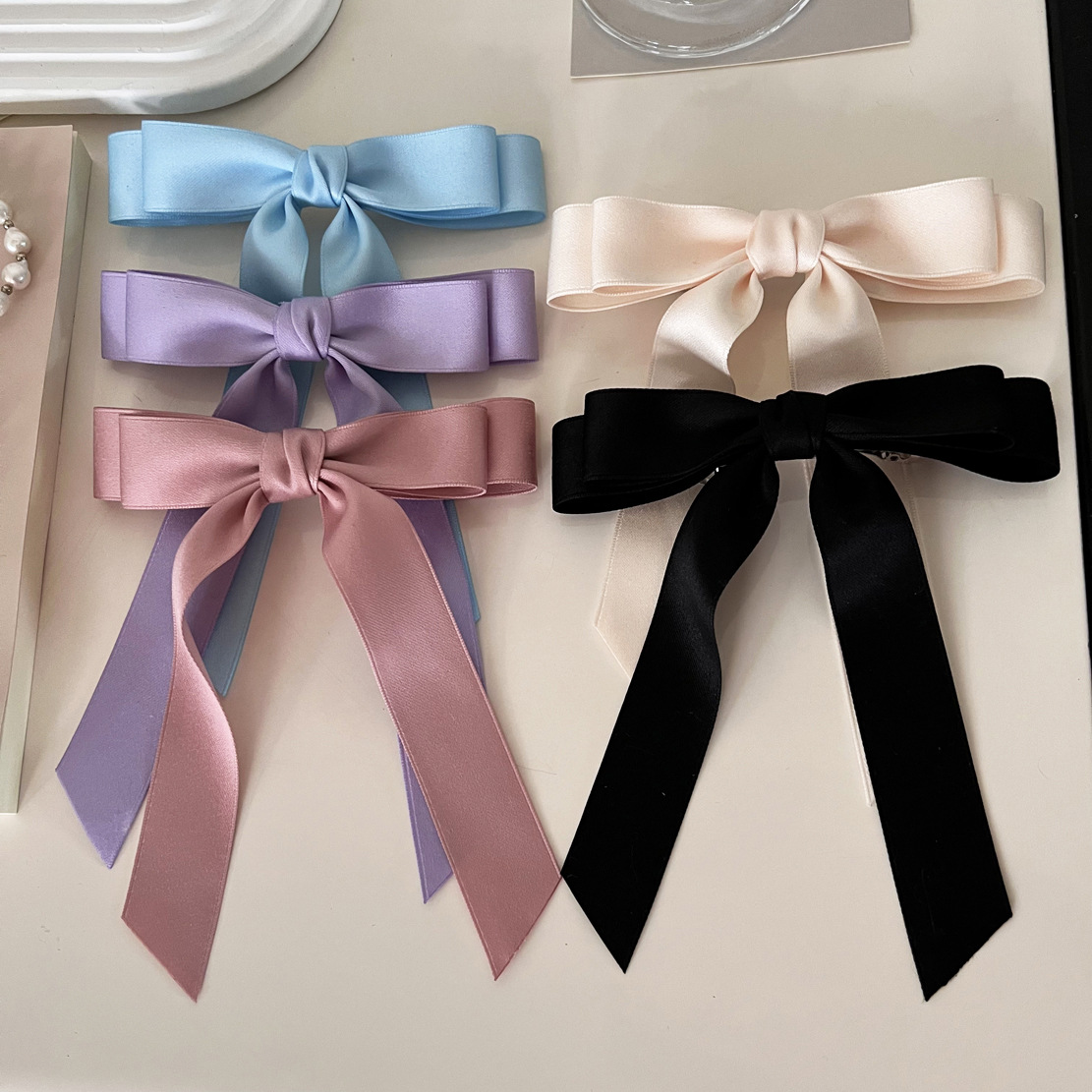 Solid-color satin bow hair clip, new popular back head spring clip, girlish top clip, ribbon hair clip headwear pic 5