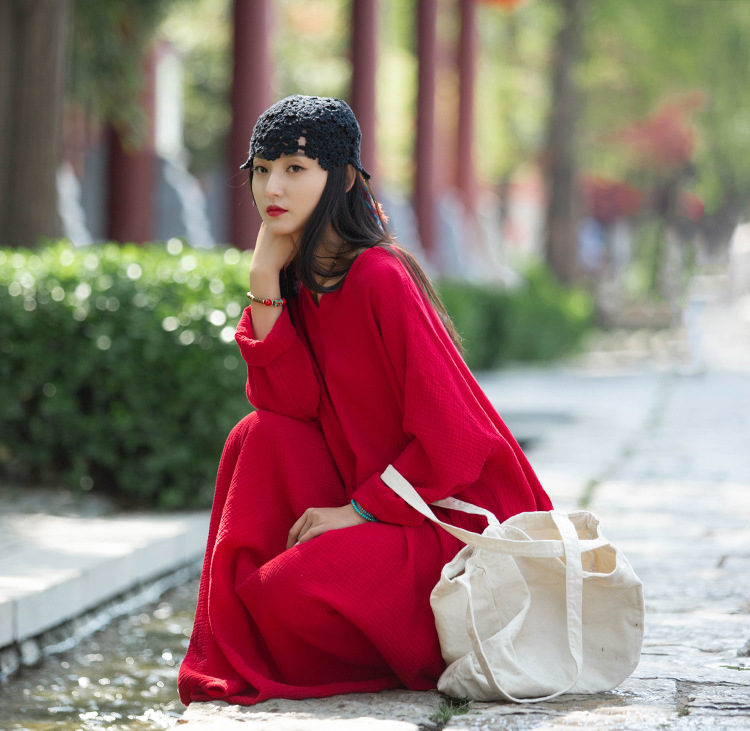 Spring and summer V-neck textured natural linen loose robe, double-layer large hem elegant long dress, retro fairy dress pic 18