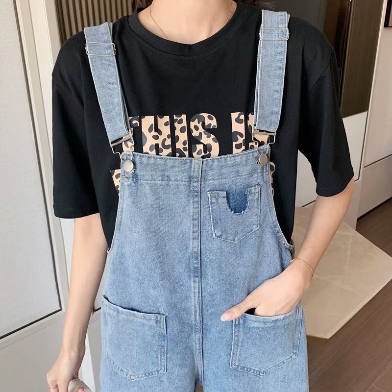 Summer internet-famous ripped denim overalls for women, high-waisted, loose, plus-size, youthful and petite student suspenders pic 10