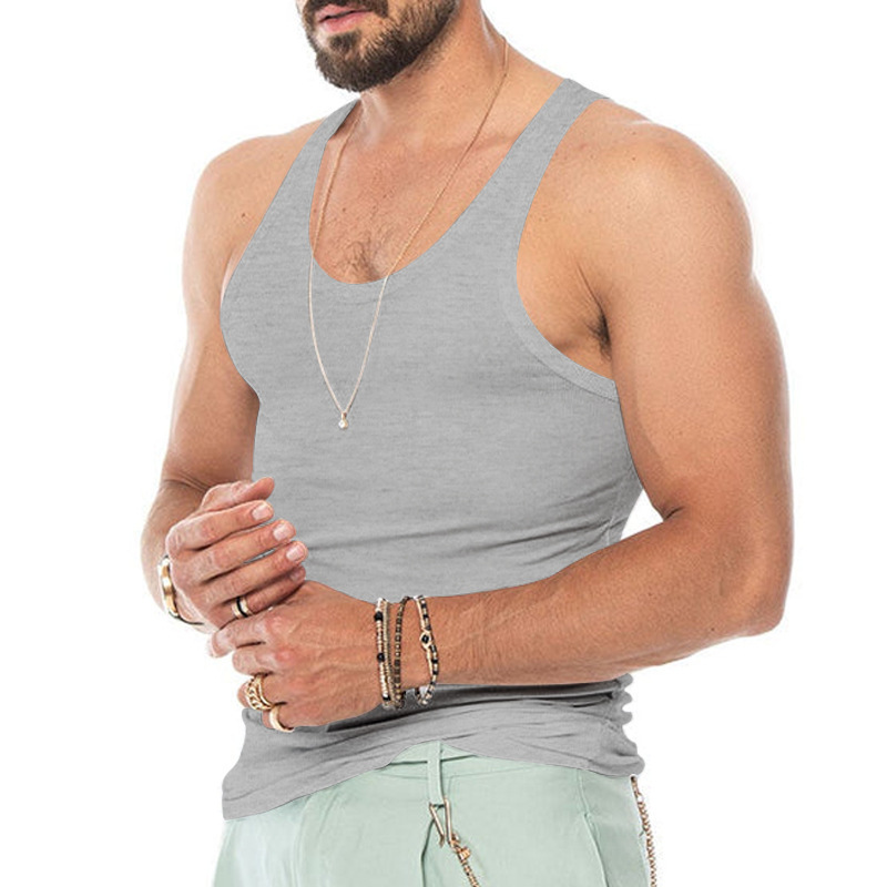 亚马逊男士背心弹力紧身纯色运动背心男夏季修身型健美打底衫批发详情19