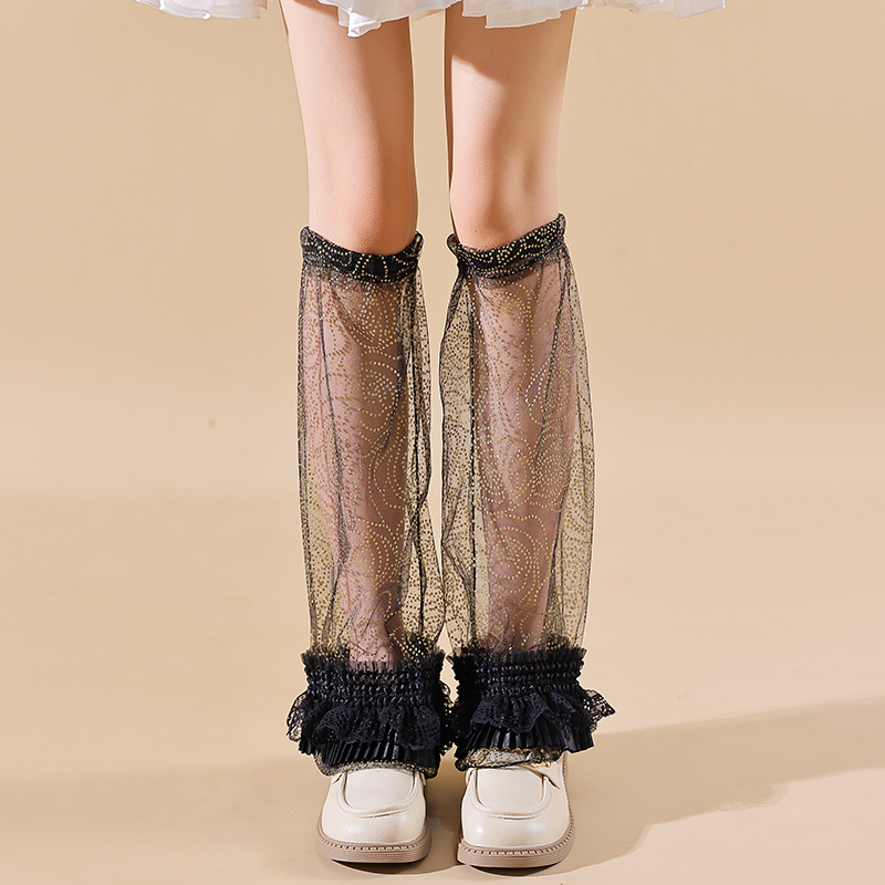 A Japanese-style sweet and cool girl summer thin transparent black lace mosquito-proof wide-leg sock with a sexy golden rose pic 6