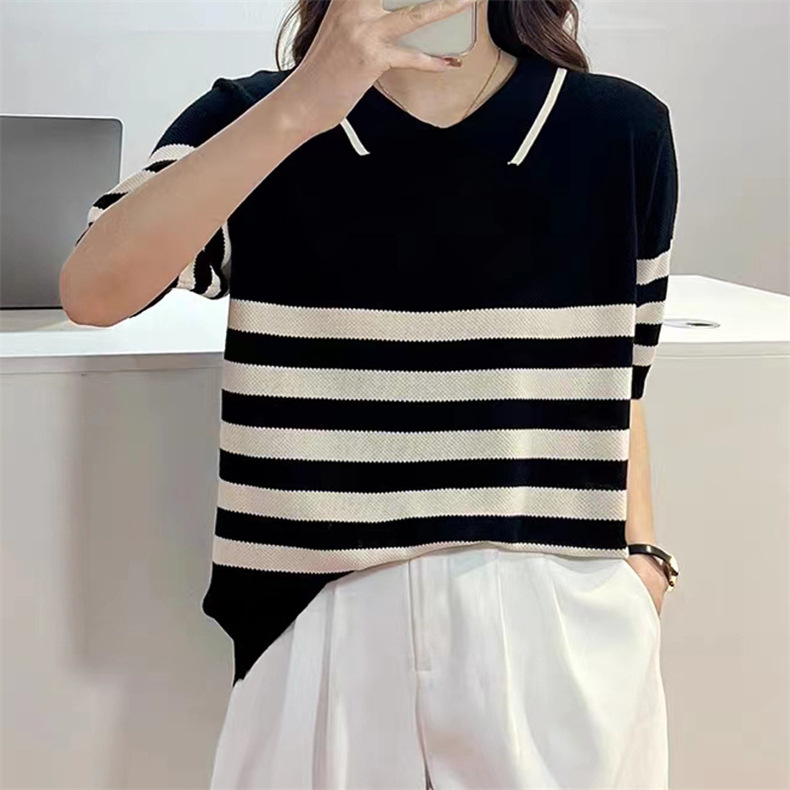 Color-blocking striped short-sleeved knitted sweater, summer Korean-style simple commuting ice silk top, pullover, base layer, lapel T-shirt for women pic 10