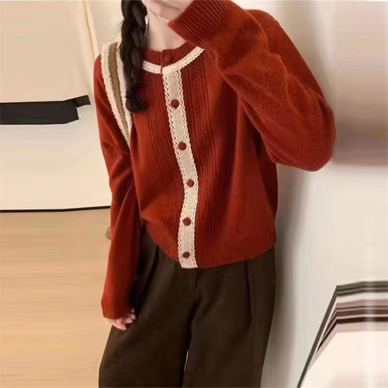 2024秋冬新款韩系针织衫蕾丝拼接复古甜美减龄小香风显瘦毛衣女潮详情12