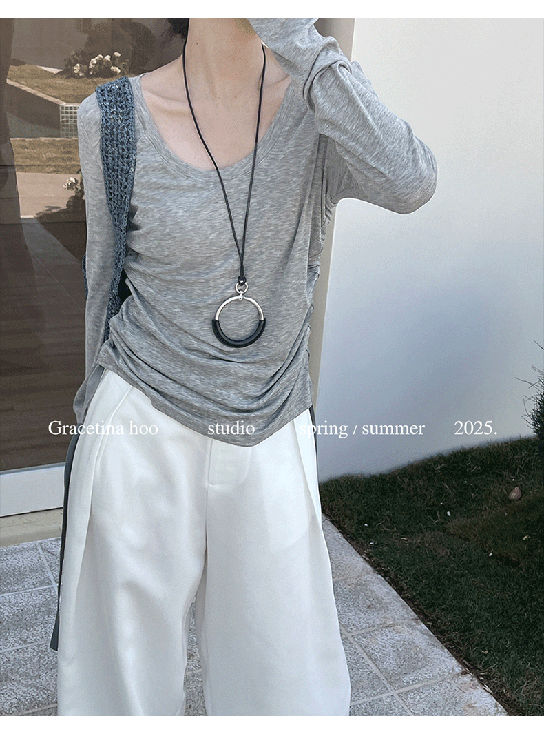 Early spring new collection of 2025, a simple and laid-back two-wear T-shirt with a basic U-neck and a large ribbon for women pic 8