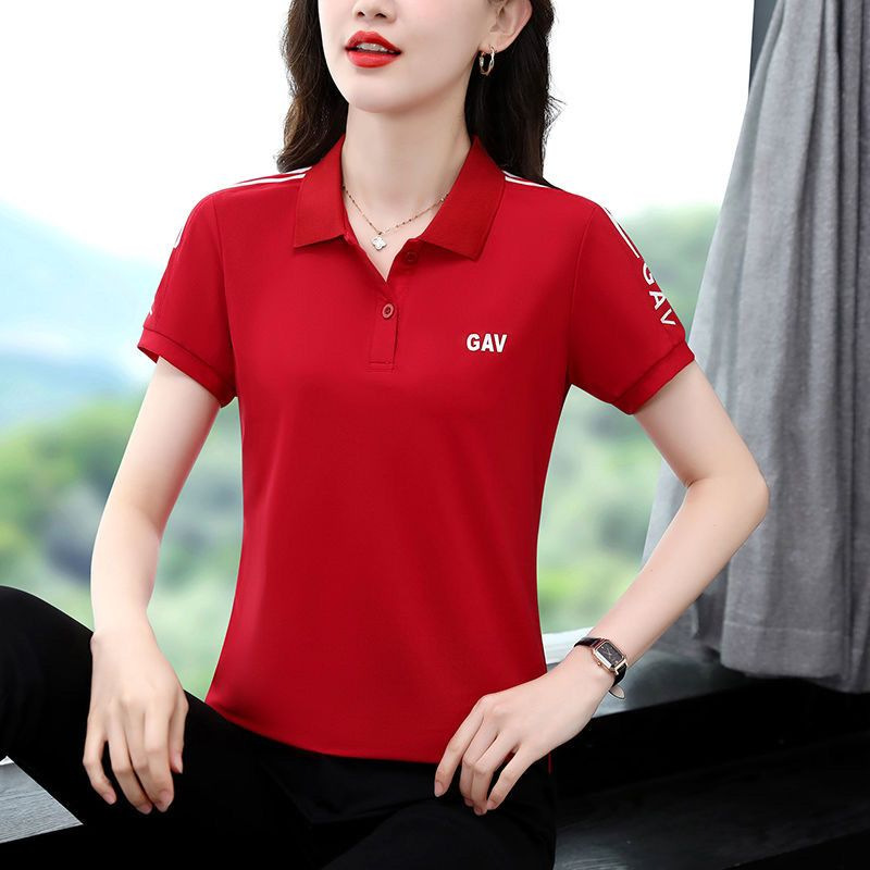 夏季新款短袖t恤女翻领大码宽松休闲中年妈妈POLO衫纯色运动上衣详情2
