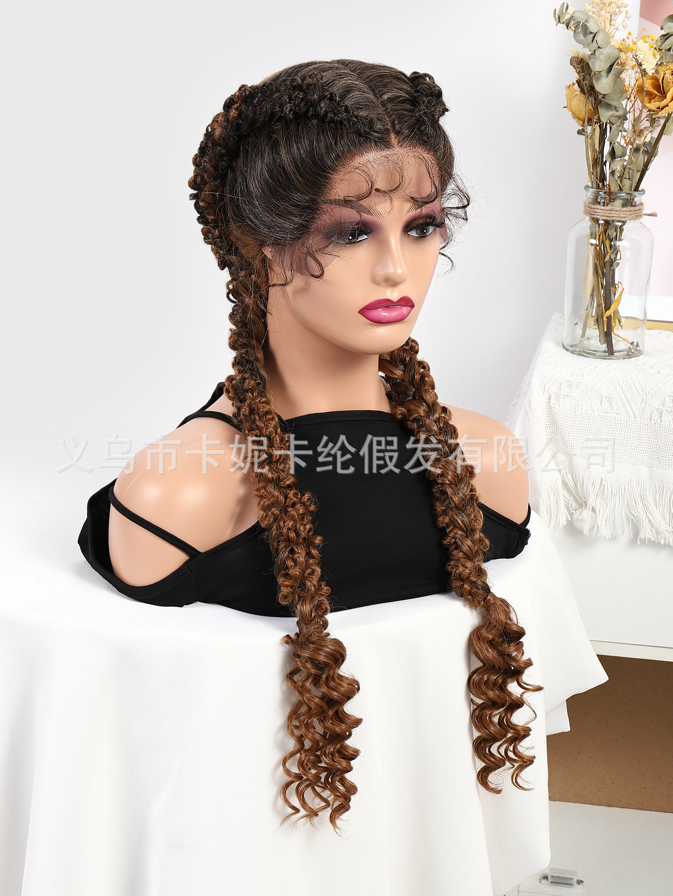 新款爆俩股俩色相间辫子款高温丝前蕾丝头套360 lace wigs vendor详情13