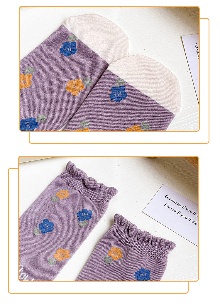 New autumn and winter style taro color straight plate rolled diamond-shaped small flower mid-calf socks for women, fresh cotton socks for women, one-piece consignment pic 13