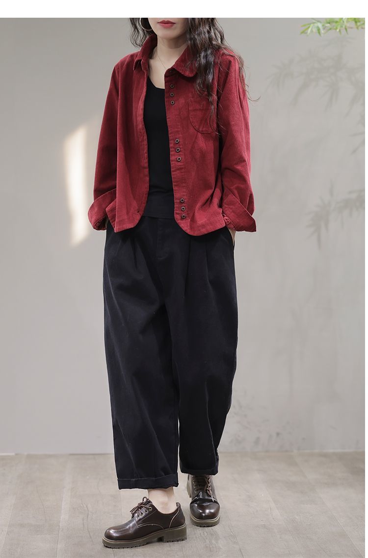 【现货】秋季衬衫文艺休闲时尚黑色长袖翻领灯芯绒女装衬衣开衫女详情10