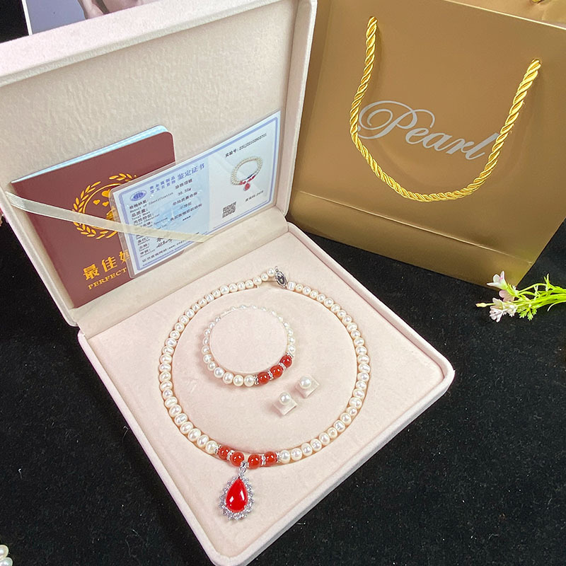 天然淡水珍珠项链绿玉髓吊坠白珍珠手链套装送妈妈婆婆母亲节批发详情36