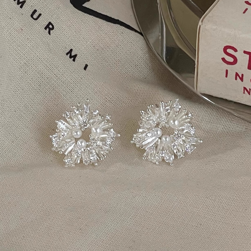 「霜穗」韩系太阳花几何珍珠耳饰蚊香盘耳夹无耳洞耳钉银独特耳环详情6