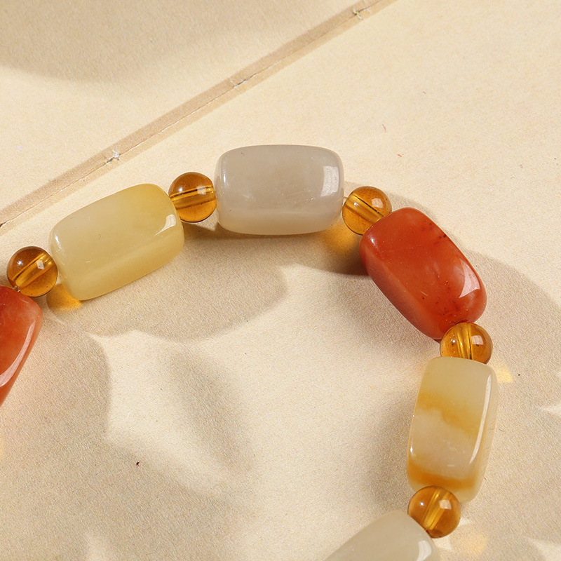 Natural Xinjiang golden silk jade square long bone bead bracelet, handcrafted jade Yadan Gobi colorful jade bracelet, ethnic style pic 11