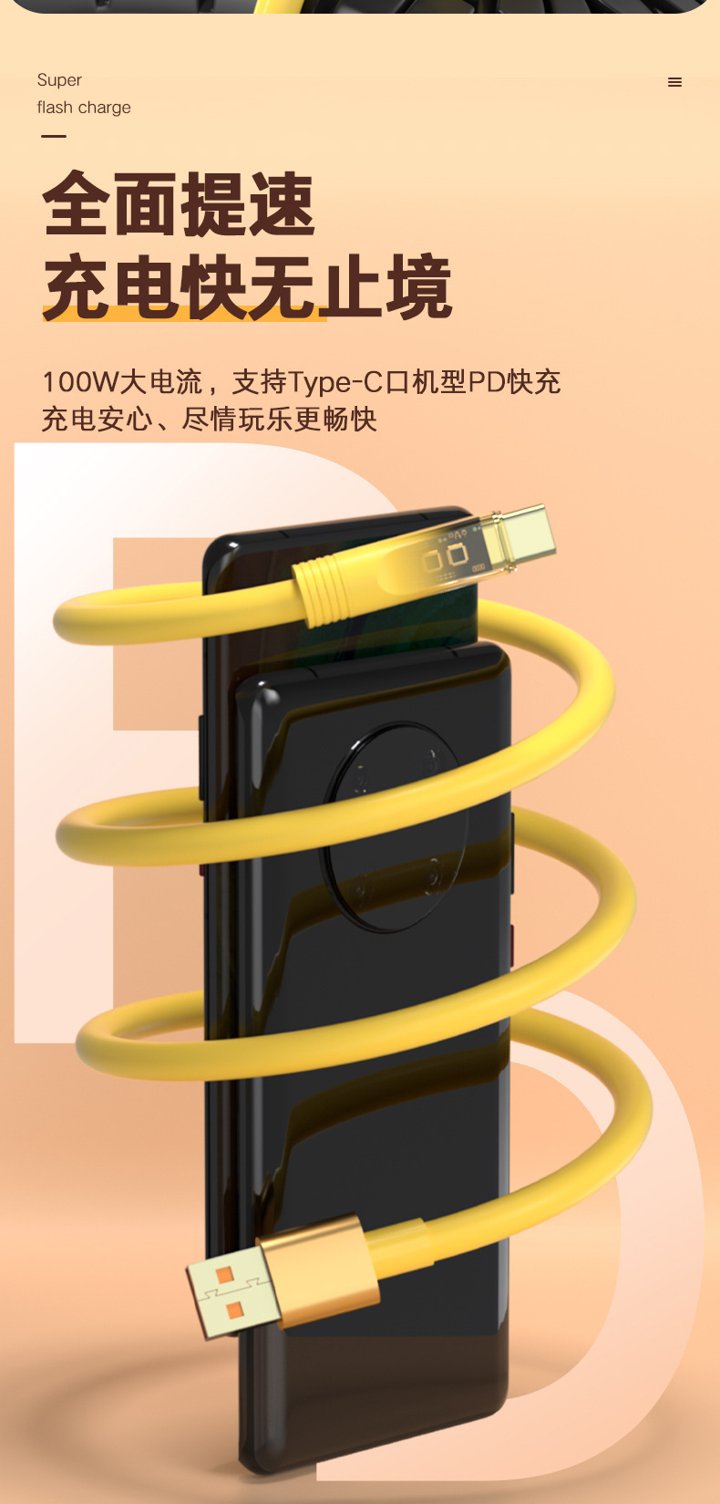 现货镀金透明硅胶数据线6A加粗100W超级快充带灯2米加长手机线详情12