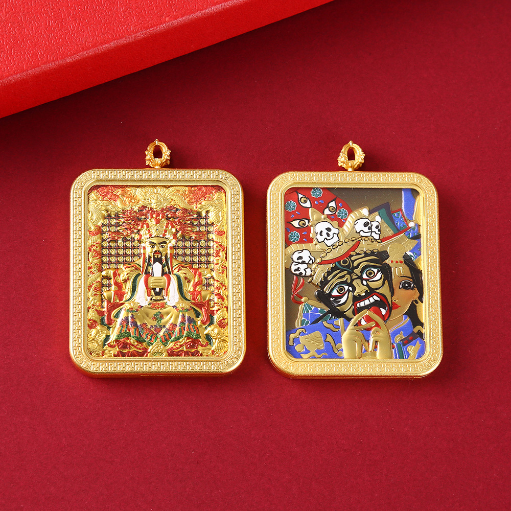 藏式半手绘双面唐卡吊坠 扎基拉姆唐卡 五台山龙五爷黄铜工艺品详情8