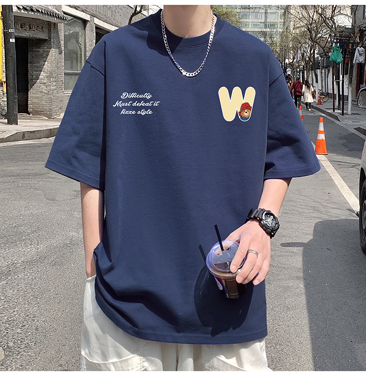 Camiseta de manga corta de estilo americano de algodón pesado hombre verano 2024 nuevo oso estampado estado de moda puerto estilo chico camiseta pic 11