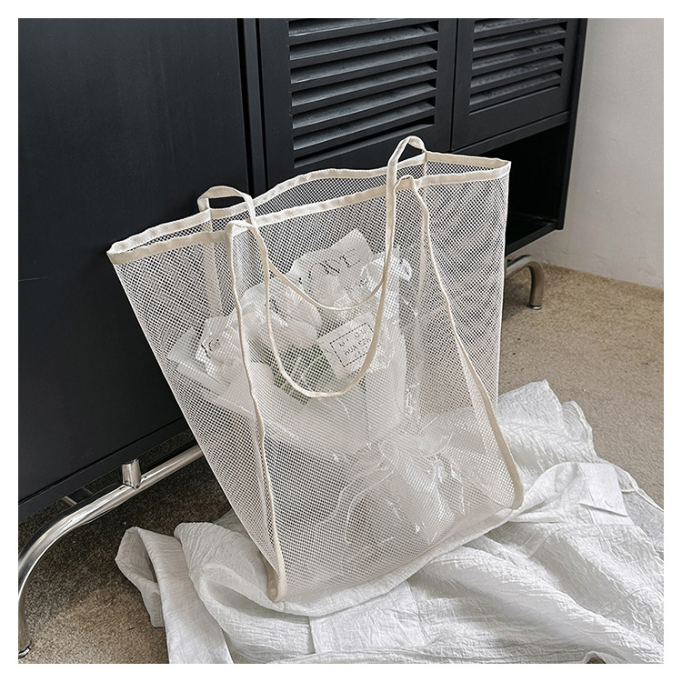 2024夏季新款购物袋纱网透明时尚单肩网纱沙滩包大容量网眼托特包详情62