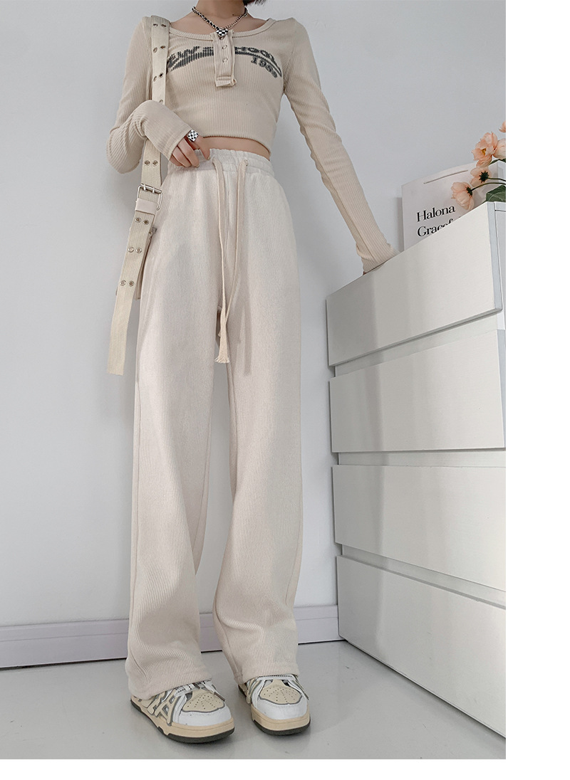 New autumn and winter European cotton fleece wide-leg pants for women: high-waisted, slimming, loose, drawstring, versatile, straight-leg, drape, pocket casual pants pic 15