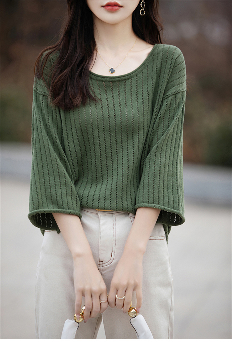 七分袖中袖夏女装纯棉镂空针织套头T恤清凉针织衫宽松版套头大码详情15